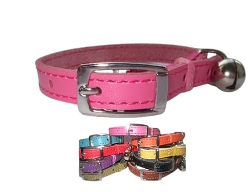 Leather cat collar, safety elastic, bell, metal buckle (Pink)