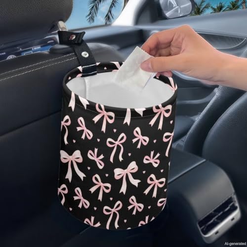 Image of Halloween Cute Bow Print Car Trash Can Cute Garbage Bin Hanging Portable Dustbin Bin Waste Basket Collapsible Small Trash Can Easy to Clean