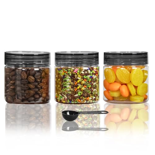 Image of PEARLPET Plastic Containers for Kitchen Storage | Plastic Container Set with Spoon | BPA-Free, Stackable Jars | Black, 200 ML (Set of 3)