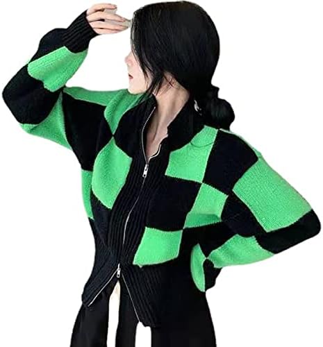 Women Knitted Sweaters Cardigans Floral V Neck Long Sleeve Girls Sweet Vintage Casual Coat Y2k Jumper (Color : Green, Size : F)