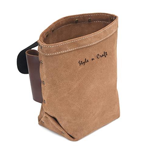 Style n Craft Iron Worker’s Bolt Bag with Double Bull Pin Leather Loops, Heavy-Duty Suede Leather Tool Bag, Dark Tan (88515)
