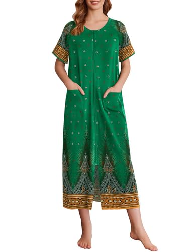 Ekouaer Women Robes Zipper Front Short Sleeve Full Length Housecoat with Pockets Loungewear S-4XL