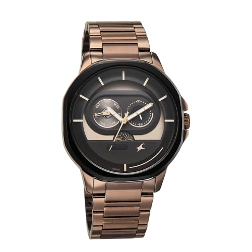 Image of Fastrack Street Opulence Sun Moon Multifunction Quartz Analog with Brown Dial Brown Stainless Steel Metal Strap Watch for Men - 3303KM06