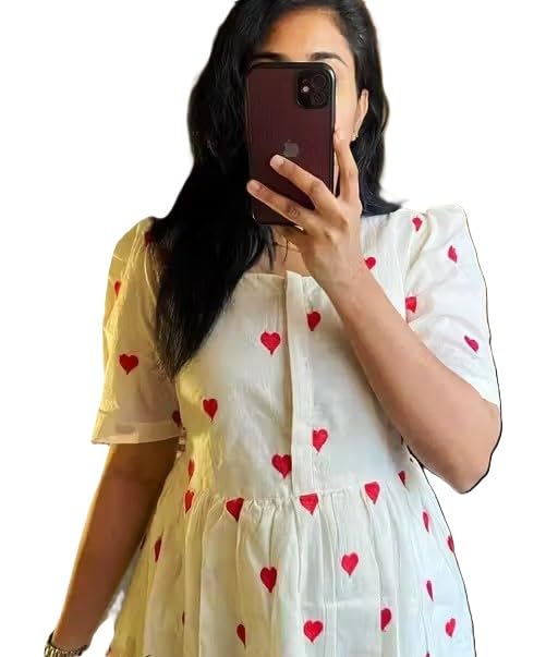 Image of Women's Rayon Heart Print Fit and Flare Kurta, White, Square Neck, Short Sleeve