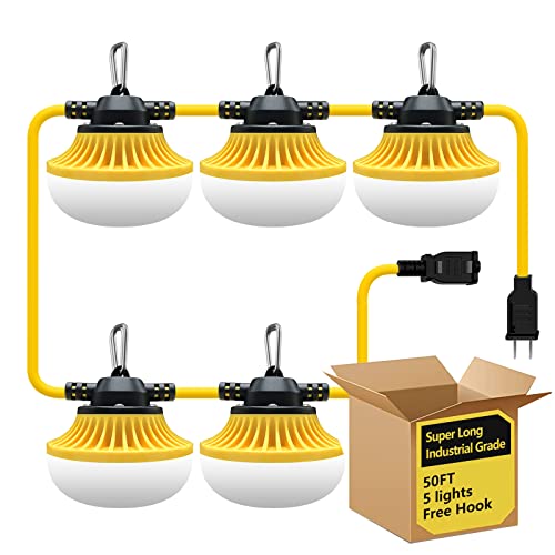 alitade 50ft LED Temporary Construction String Work Lights Industrial Grade Best for Job Construction Sites,Renovation,Garage,Patio，Mine cave, Outdoor,Free for Climbing Hook (2 Prong)