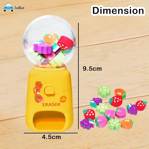 Image of FunBlast Machine Eraser Set - 15 Pcs Fruit Shaped Eraser Dispenser Toy, Mini Kawaii Erasers for Kids, Fancy Erasers for School & Office, Stationery Supplies, Birthday Return Gift for Kids (Yellow)