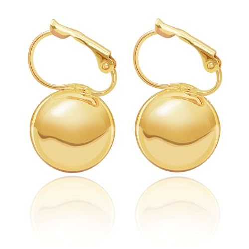 14K Gold Plated Ball Drop Earrings, White Gold Plated Ball Earrings for Women, Hypoallergenic Leverback Earrings, Gifts by Febsky, 14mm, Yellow Gold, No Gemstone