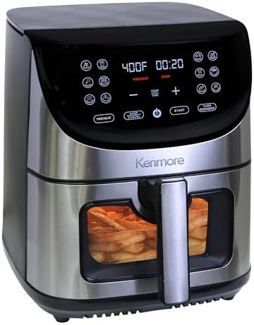 Kenmore 8 Qt Air Fryer, Family Size, 1700W, 12 Preset Cooking Functions, Digital Touch Screen, Programmable Temperature & Timer, Viewing Window, Roast Bake Broil Dehydrate Reheat, Stainless Steel