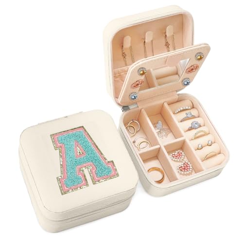SANDJEST Personalized Jewelry Box, White Travel Jewelry Box with Initial A, Small Monogrammed Jewelry Case Organizer for Girls Women Teen Kids, Mini Travel Essentials Gifts for Birthday Christmas