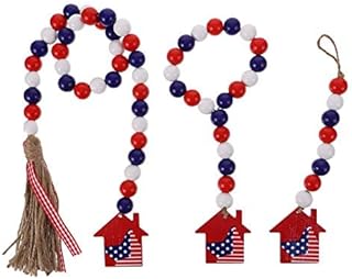 LUOZZY 3 Pcs Independence Wooden Beaded Garland with Tassel 4th of July Patriotic Beads Garland for Wall Hanging Farmhouse Decorations