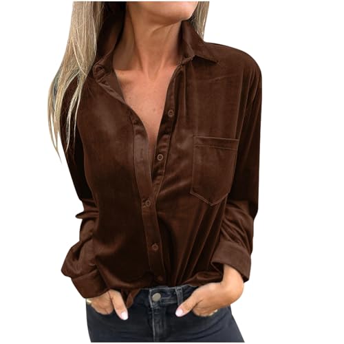Velvet Blouses for Women UK Long Sleeve Tops Vintage Button Down Shirts Blouse for Pocket Casual Office Business Top Solid Elegant Shirt Button Pocket Casual Shirt Top Women Tops Khaki