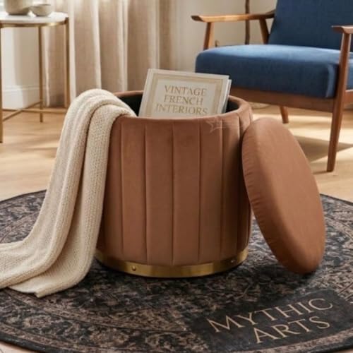 Image of Superior Round Storage Ottoman Stool with Gold Metal Base | Elegant Pouffe with Secret Storage | Cushioned Footrest for Living Room, Bedroom, and Lounge (Coffee N, Small)