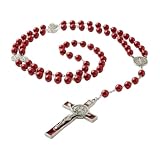 RUDELL Red Catholic Necklace – Red Rosary Beads with Saint Benedict Cross, Prayer Cross Necklace for Women and Men, Religious Gift