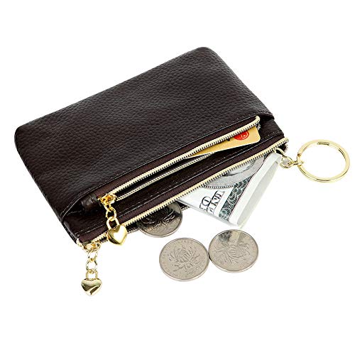 Image of Women's Genuine Leather Coin Purse Zipper Pocket Size Pouch Change Wallet, Coffee