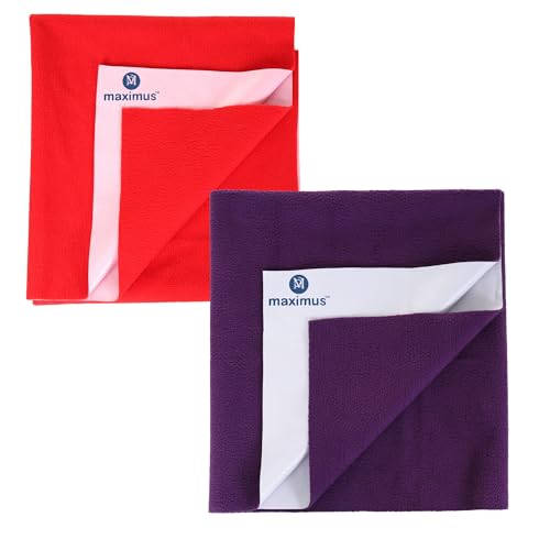 Image of Maximus Waterproof Quick Dry Sheet for Baby Pack of 2 | Bed Pad Extra Absorbent Washable Matress Protector | Baby Bed Protector Sheet for Toddler Children (100x70 cm) (RED and Purple, Medium)