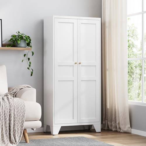 Yizosh Metal Storage Cabinet with 2 Doors and 4 Adjustable Shelves - 61" White Kitchen Pantry Storage 5-Tier Tall Steel Cabinets Locker for Kitchen, Living Room, Dining Room