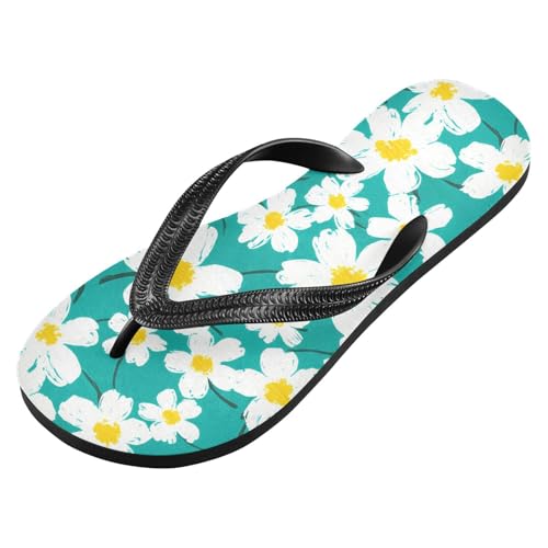 White Floral Teal Flip Flops for Beach Thong Sandals Anti-slip Lightweight Beach Shoes for Summer Travel Swim2