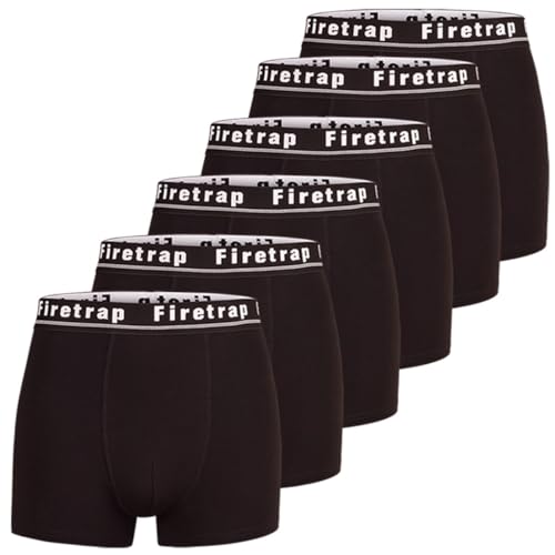 Firetrap Mens 6 Pack Designer Boxer Shorts, Underwear Gift Set Trunks Comfortable Stretch Cotton Plain Colours Mens Briefs All Black M