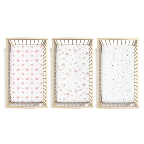 Image of Plushii Crib Sheets for Baby Girls 3 Pack, 28 inchx 52 inch Extra Soft Microfiber Crib Sheet Set for Baby Crib Mattress Sheet & Toddler Mattress Pad, Rainbow & Elephant & Stars