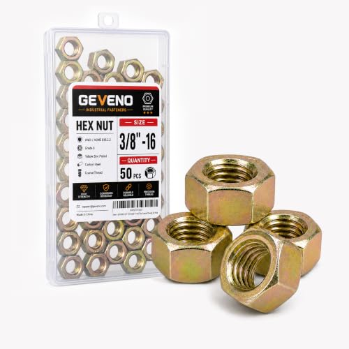 3/8"-16 Grade 8 Hex Nuts, Yellow Zinc, Coarse Thread, 50 Pack