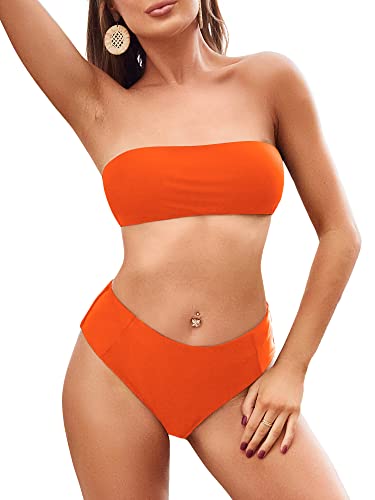 Image of ZAFUL Women's High Cut Bandeau Bikini Set Strapless Solid Color 2 Pieces Bathing Suit Swimsuit