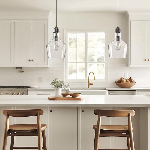 Image of INK+IVY Auburn Pendant Kitchen Lighting for Dining Room, Industrial Lights, Hand-blown Glass Bell Shaped Pendant Light for Kitchen Island, Foyer, Bedroom, 9 inch Dia x 95.5 inch H, Bronze /Clear