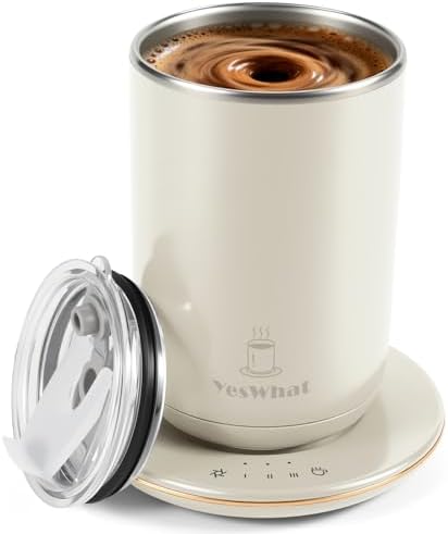Automatic Self Stirring Coffee Mug with Lid, Smart Temperature Control USB Powered Coffee Milk Cocoa Cup, 11 oz White Stainless Steel Mug Warmer