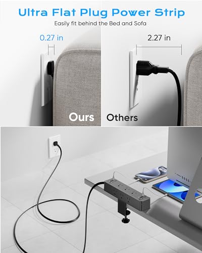 Image of Flat Plug Desk Clamp Power Strip 10FT, 24W Total Charging Station, Desk Edge Mount Power Strip 9 AC Outlets 8 USB Ports Surge Protector, Fit 1.7 inch Tabletop Edge, Home Office Accessories