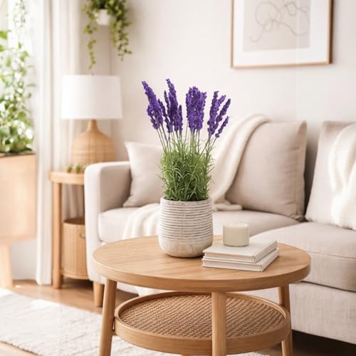 Image of Garden Art Artificial Lavender Plant with Pot - Flocked Purple Lavender Flowers in Textured Pot, Perfect for Home Decor, Office Desk & Gift Use (P-0230Purple)
