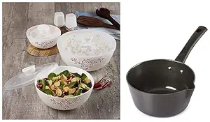 Opalware Twilight Floral Mixing Bowls with Lid(500ml, 1000ml,1500ml), 3 Pc, White & Cello Prima Hard Anodized Aluminium Sauce Pan (Black, 1.5 L)