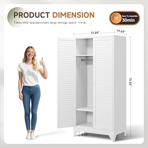 Image of Letaya Armoire Wardrobe Closet,20 inch Deep Metal Wardrobe Cabinet with Doors and Shelves,Hanging Rod Clothing Storage Cabinets for Home Room (White)