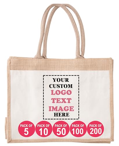 Pack of 5 | 10 | 50 | 100 | 200 Jute Tote Bags, Jute Burlap Bag with Custom Logo, Custom Jute Tote Bag, Bulk Custom Logo Bag, Custom Bags for Business, Custom Tote Bag in Bulk (Jute Bag)
