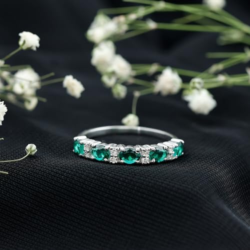 Certified Lab Grown Emerald Half Eternity Ring, AAAA Quality, Emerald Diamond Anniversary Ring - Gift For Women3