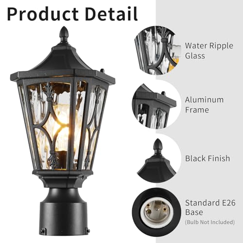 Image of JYZ Outdoor Post Lights Lamp Post Light Fixture, 21'' Pole Lantern with E26 Base 60W Max & Waterproof Aluminum Housing with Water Ripple Glass, Fence Post Deck Lighting for Garden, Patio, Pathway