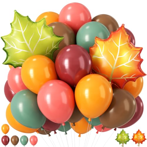 Image of Sage Green Orange Balloons with 2 Pcs Big Maple Leaves Acorn Balloons | 12 Inch Fall Burgundy Pink Brown Latex Balloons for Thanksgiving Baby Showers Birthdays Autumn Harvest Party Decorations