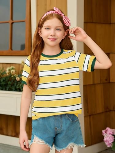 Image of Haloumoning Girls Striped Short Sleeve T Shirts Kids Summer Casual Tops Crewneck Tees Blouses 5-14Y