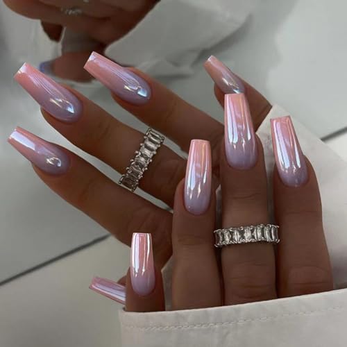 SEMATA Ombre Chrome Press on Nails Long Square Acrylic Nails Press ons Coffin Purple Ombre Glue on Fake Nail with Bling Glossy Designs Reusable Artificial Stick on False Nail for Women 24Pcs — view 3