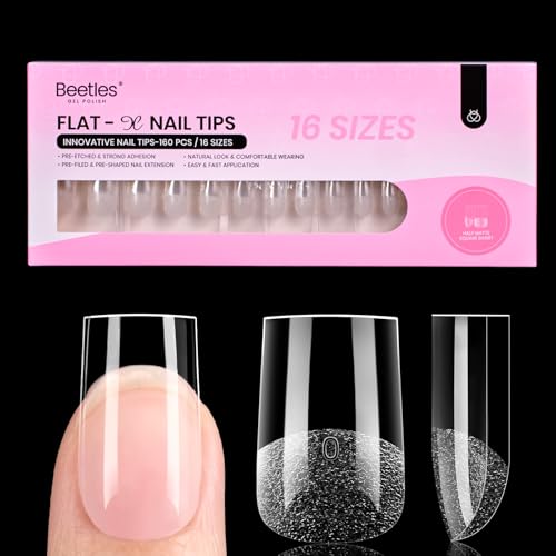 Beetles Gel Nail Tips Flat-X - Square Short, 160pcs 16 Sizes, Pre-Etched Half Matte Full Cover Soft Acrylic  Nail Tips Clear Press on Easy DIY Extension Salon for Flat & Natural Nail Beds