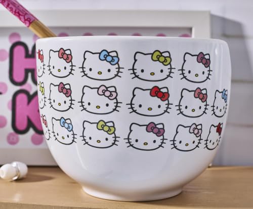Image of Silver Buffalo Sanrio Hello Kitty Color, Ramen Bowl with Chopsticks, 20oz | Face with Different, Bows Pattern, Ceramic, Noodle Rice, Microwave Safe, 0.59 Liters