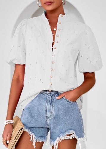Lazysmile Summer Boho Tops for Women Short Sleeve V Neck Button Down Hollow Out Lace Embroidered Blouses Shirts White — view 6