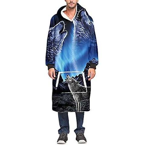 Ouduo Oversized Hoodie Sweatshirt Blanket, Wolf Print Super Soft Plush Fluffy Sherpa Hoodie Wearable Giant Hoody Pullover with Warm Front Pocket Fits Adults Men Women (One Size,Blue) Cover