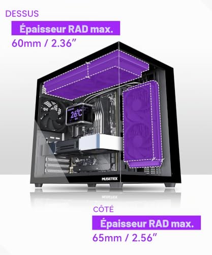 MUSETEX Y6 Boîtier PC, 4 Ventilateurs Non-LED préinstallés, Vue 270° en Verre Trempé, Connectique Type-C, Boîtier PC ATX Mid-Tower, Noir – vue 5
