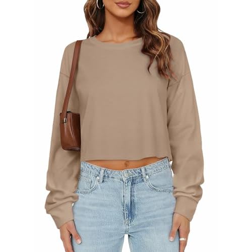 Womens Long Sleeve Crop Tops Loose Fit Cropped T Shirts Crew Neck Basic Tees Small Khaki Color