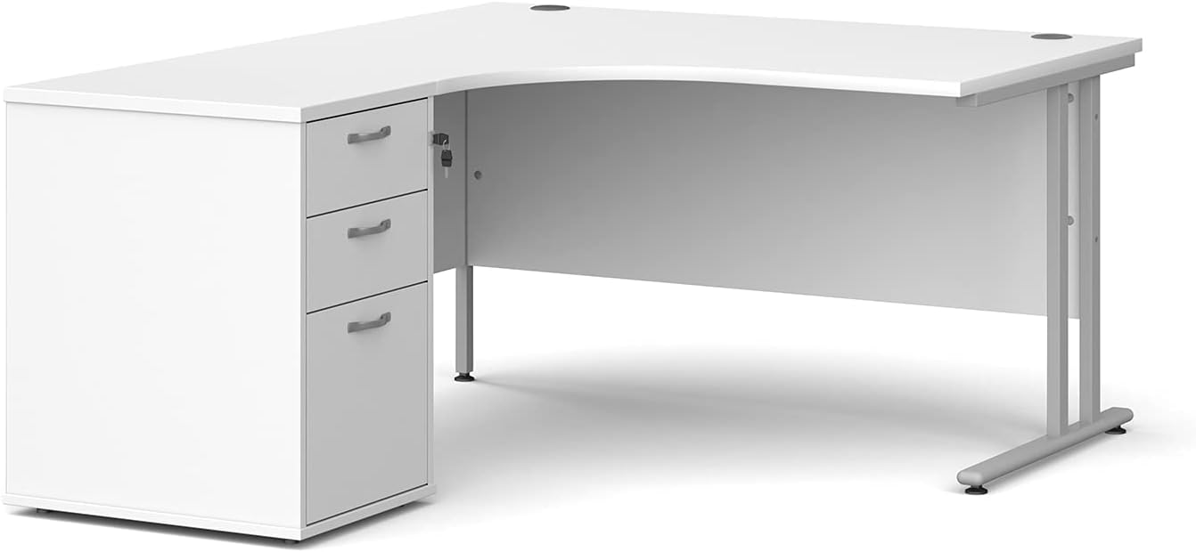 BiMi Compact White 1400 Ergonomic Left Hand Corner Desk with 3 Draw Desk High Pedestal