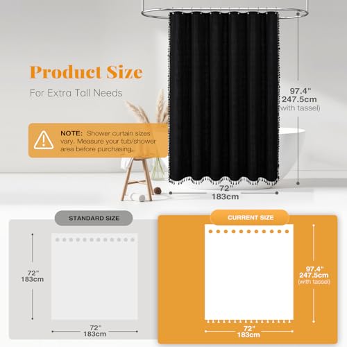 Image of BTTN Extra Long Shower Curtain - 72x96 Inch Long Boho Chic Linen Fabric Heavy Duty Shower Curtain Set with Hooks, Tall Bohemian Farmhouse Luxury Tassel Cloth Shower Curtains for Bathroom - Black