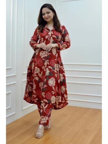Image of DHRUVI TRENDZ Anarkali Kurta-Set for Women - Viscose Rayon Printed Kurta & Straight Pant | Festive Ethnic Indian Traditional Outfit for Functions & Puja | Lightweight Two Piece Dress for Daily Wear & Holiday Look | 3 /4 Sleeve