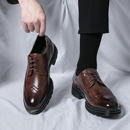 Image of Men's Wingtip Fashion Modern Leather Oxford,Black Business Casual Platform Dress Shoes for Men,Comfortable Retro Lace Up Tuxedo Shoes