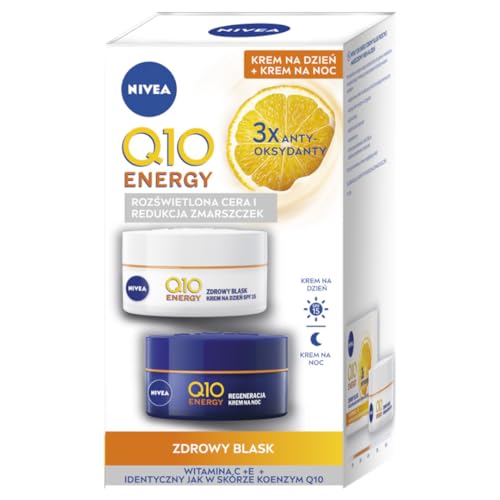 NIVEA Q10 ENERGY - Crema facial antiarrugas iluminadora de día y noche con vitaminas C y E, 2 x 50 ml