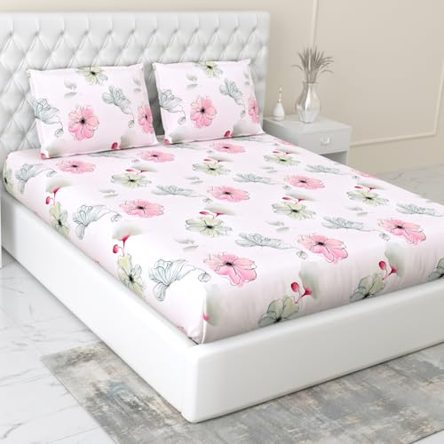 Image of Haus & Kinder Pure Cotton Luxury 300 TC King Fitted Bedsheet for Double Bed with 2 Pillow Covers (72 x 78 x10) | White Pink