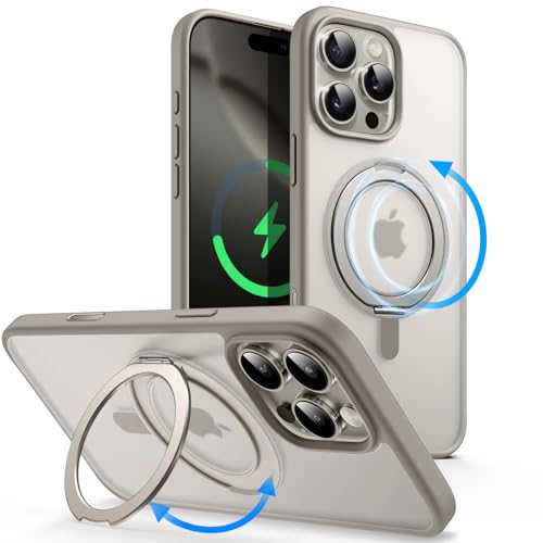 JETech Funda Anillo Giratorio 360 Grados para iPhone 16 Pro MAX 6,9 Pulgadas con Botón Control Cámara, Compatible con MagSafe, Carcasa Slim con Soporte & Porta Anillos (Titanio Natural)